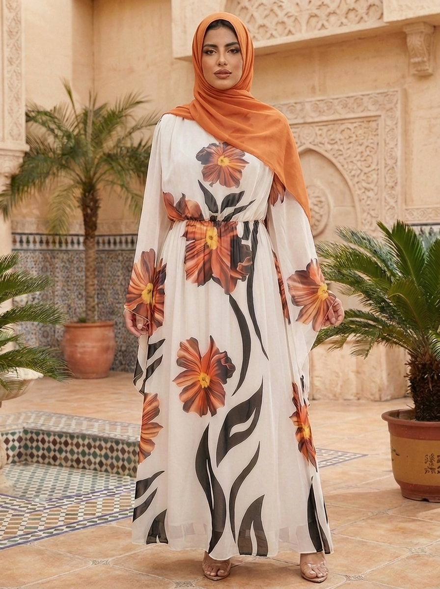 Elegant Off-White Floral Chiffon Maxi Dress with Cape Sleeves