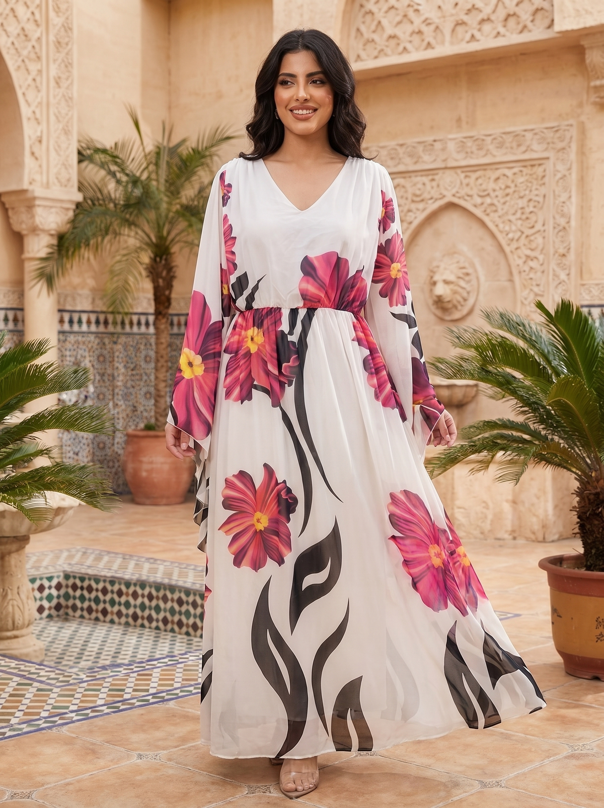 Elegant White Pink Floral Chiffon Maxi Dress with Cape Sleeves