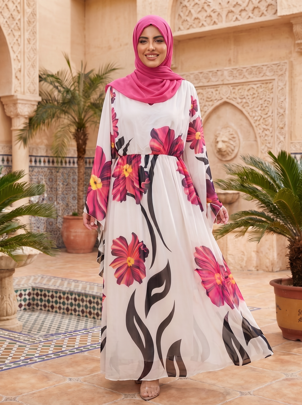 Elegant White Pink Floral Chiffon Maxi Dress with Cape Sleeves