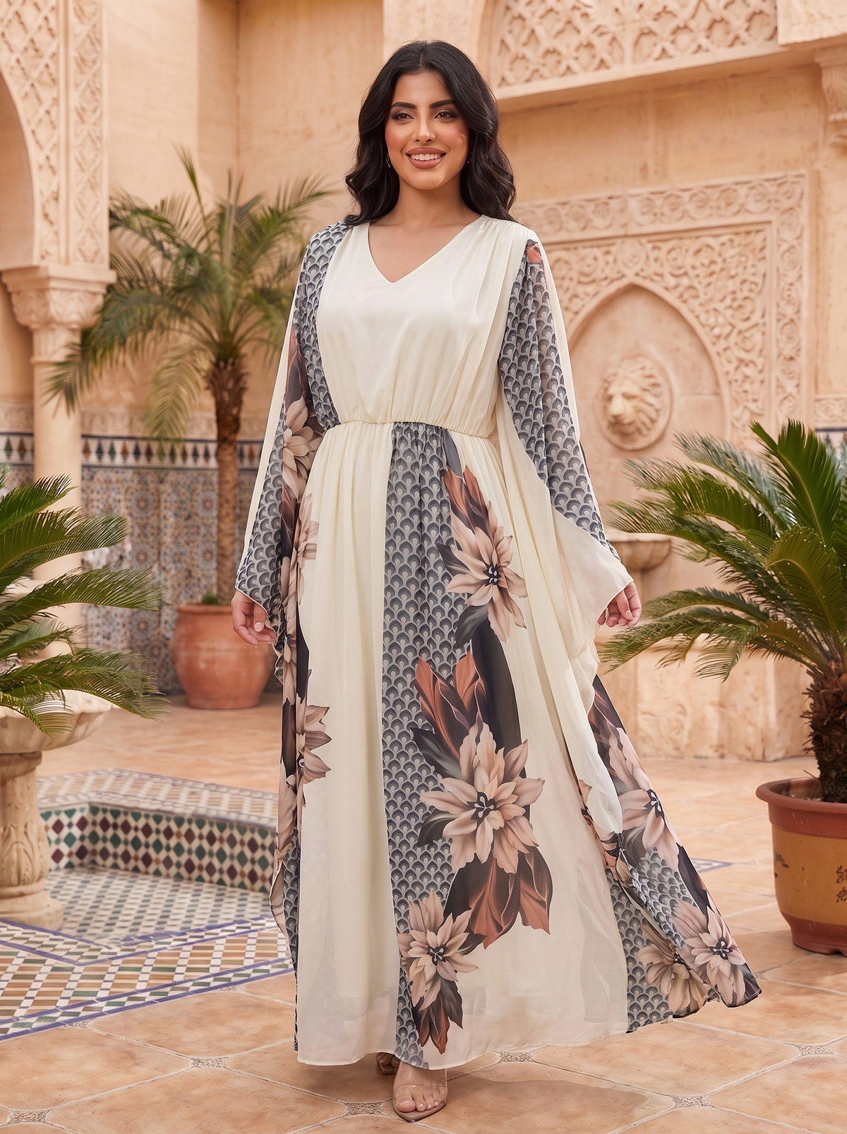 Elegant Cream Brown Floral Chiffon Maxi Dress with Cape Sleeves