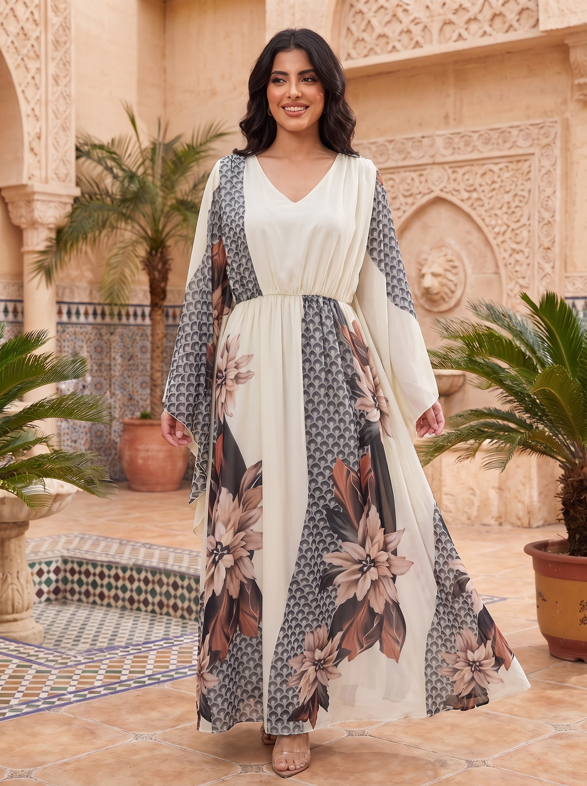 Elegant Cream Brown Floral Chiffon Maxi Dress with Cape Sleeves