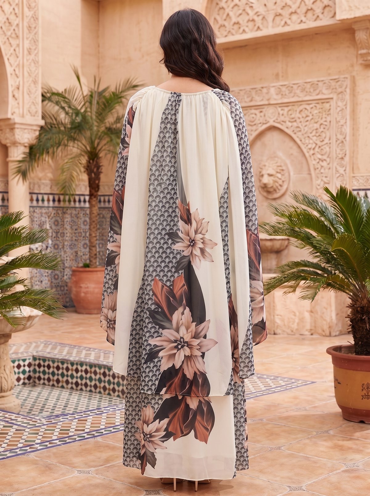 Elegant Cream Brown Floral Chiffon Maxi Dress with Cape Sleeves