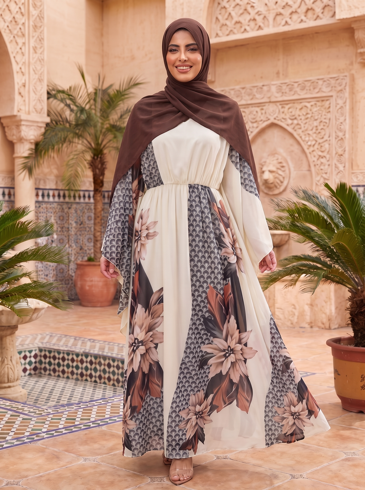 Elegant Cream Brown Floral Chiffon Maxi Dress with Cape Sleeves