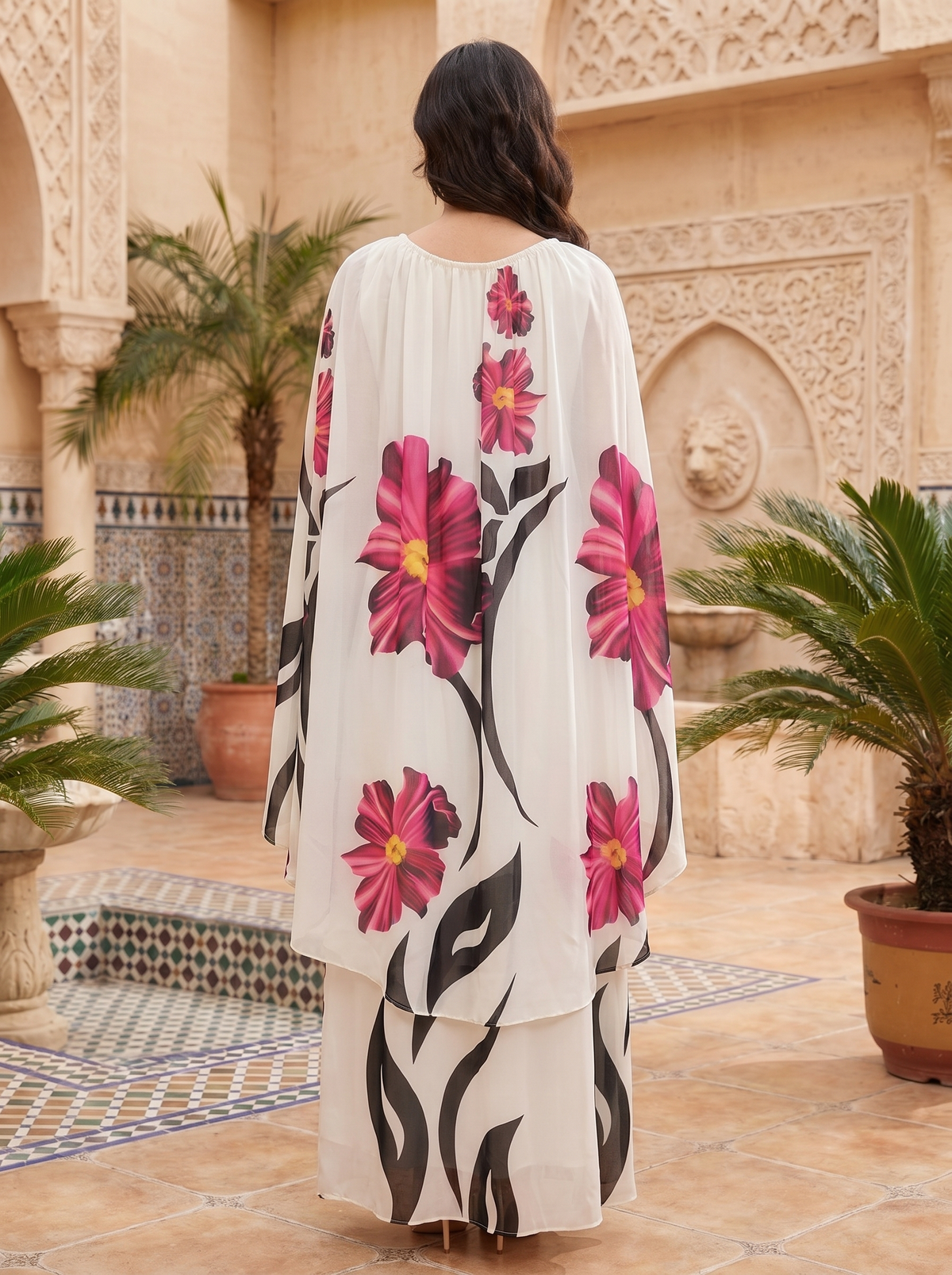Elegant White Pink Floral Chiffon Maxi Dress with Cape Sleeves