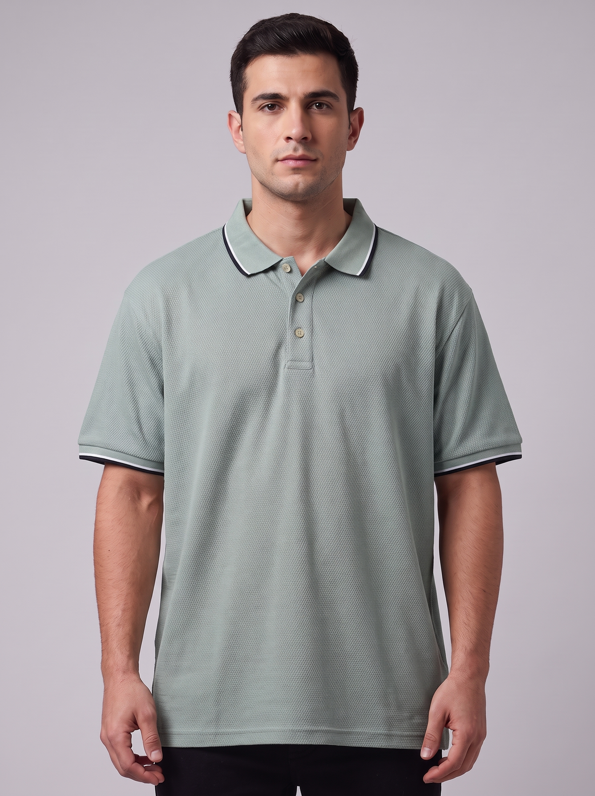 Men’s Mint Green Contrast Tipped Textured Polo Shirt | Classic Short Sleeve Casual Top