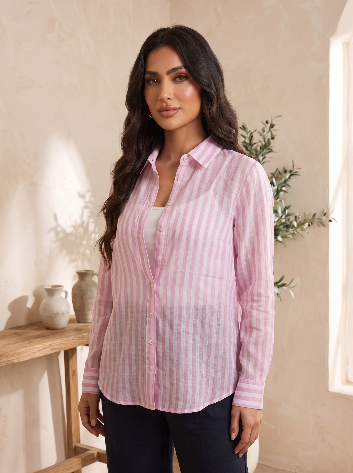 Women’s Pink & White Sheer Striped Long-Sleeve Shirt – Lightweight Button-Down Chic Blouse