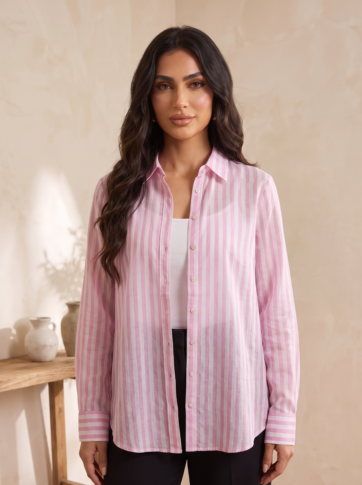 Women’s Pink & White Sheer Striped Long-Sleeve Shirt – Lightweight Button-Down Chic Blouse