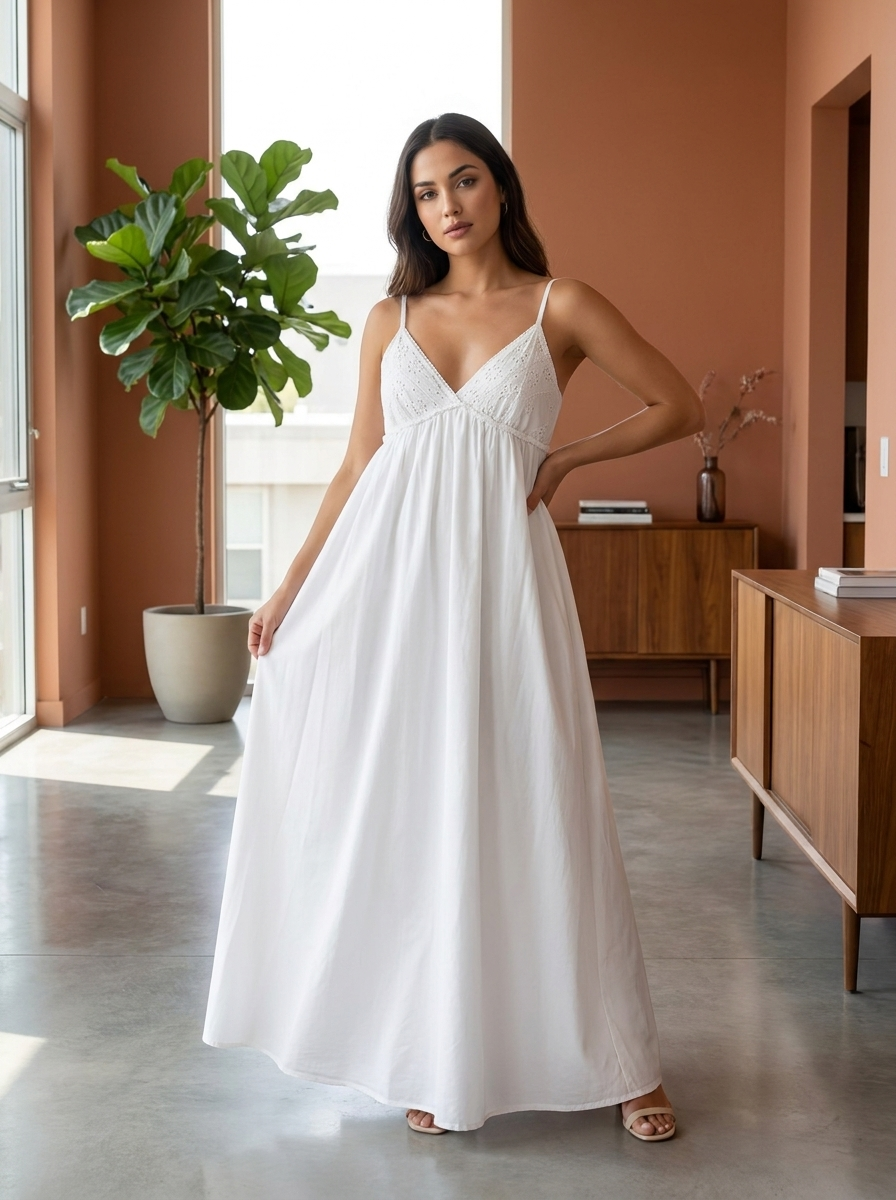Women’s Solid White Eyelet Trim Maxi Dress – V-Neck Spaghetti Strap Summer Sundress