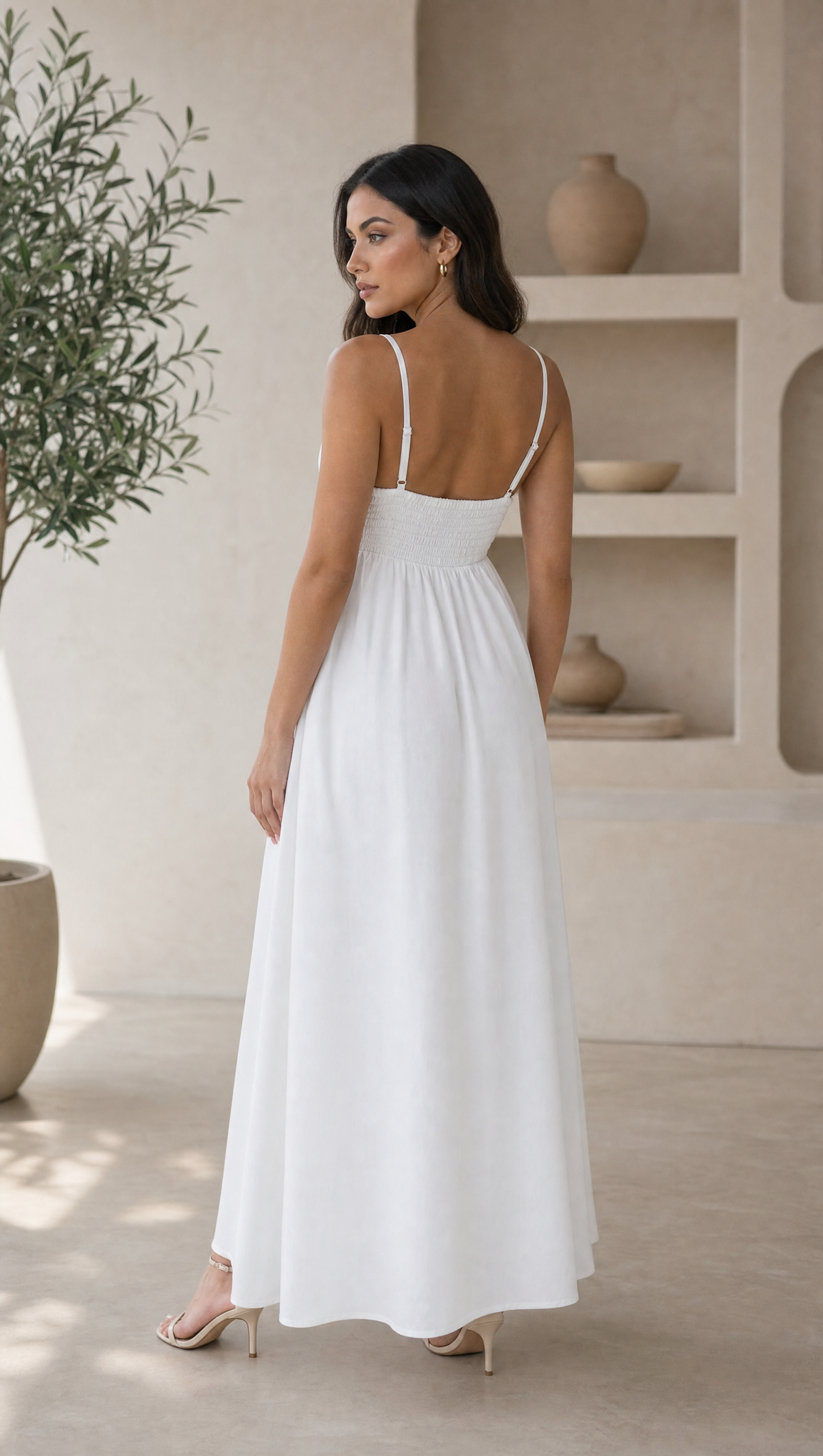 Women’s Solid White Eyelet Trim Maxi Dress – V-Neck Spaghetti Strap Summer Sundress