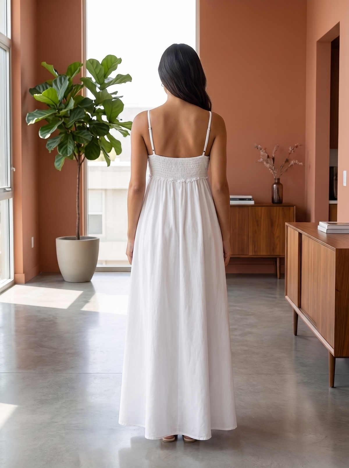 Women’s Solid White Eyelet Trim Maxi Dress – V-Neck Spaghetti Strap Summer Sundress