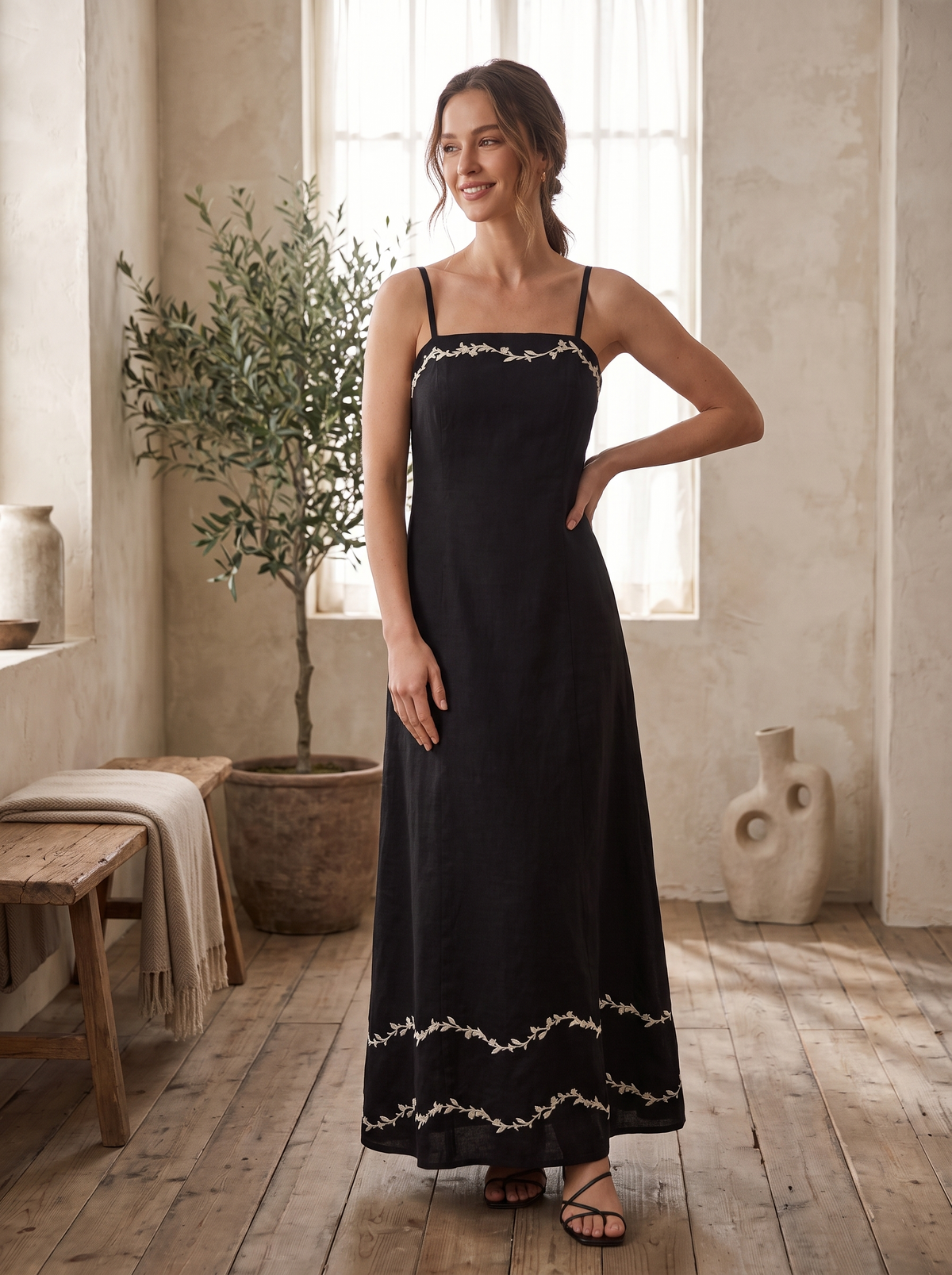 Women’s Black Embroidered Cotton-Blend Midi Dress – Square Neck Spaghetti Strap Sundress