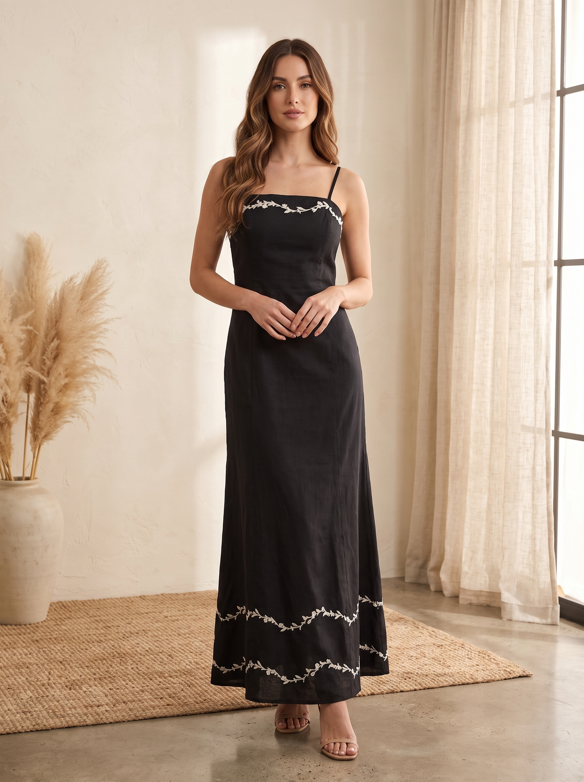 Women’s Black Embroidered Cotton-Blend Midi Dress – Square Neck Spaghetti Strap Sundress