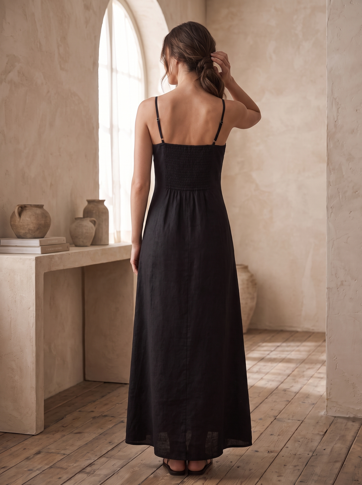 Women’s Black Embroidered Cotton-Blend Midi Dress – Square Neck Spaghetti Strap Sundress