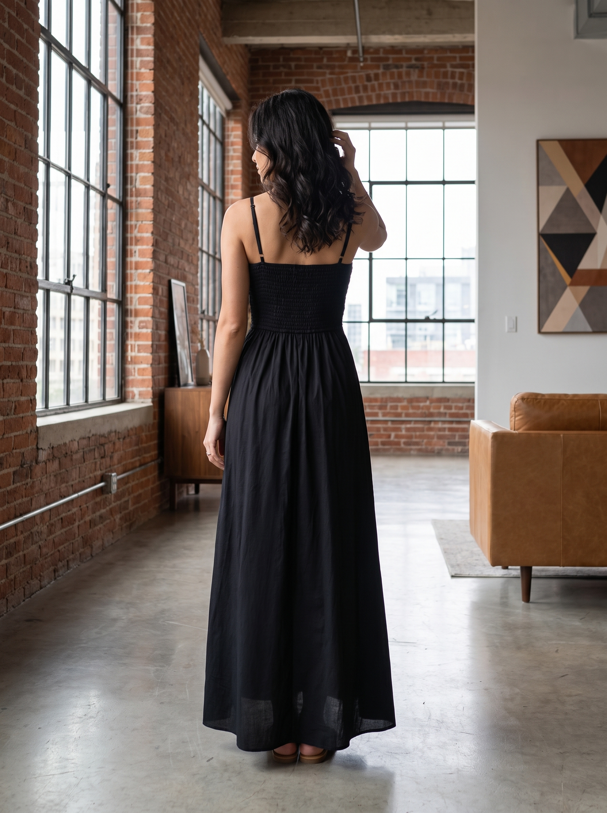 Women’s Black Embroidered Cotton-Blend Midi Dress – Square Neck Spaghetti Strap Sundress