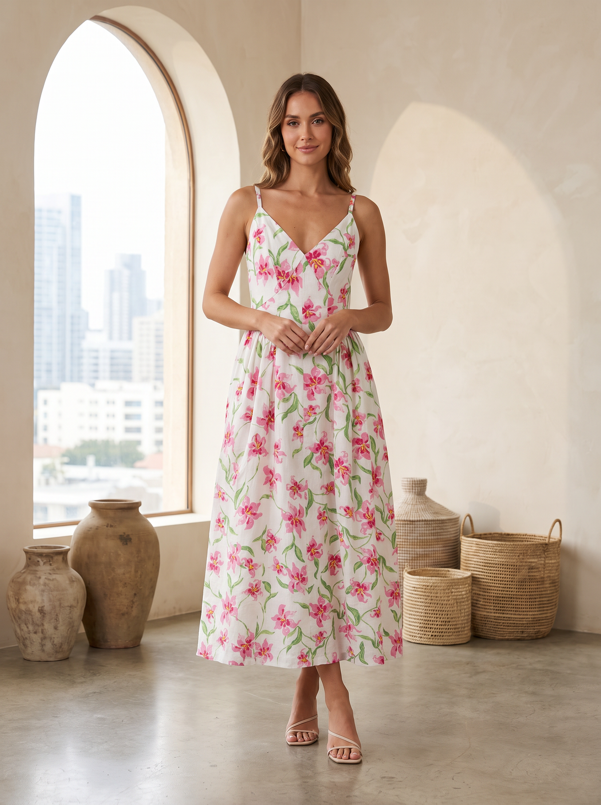 Women’s Pink Floral Print Smocked Midi Dress – V-Neck Spaghetti Strap Summer Sundress