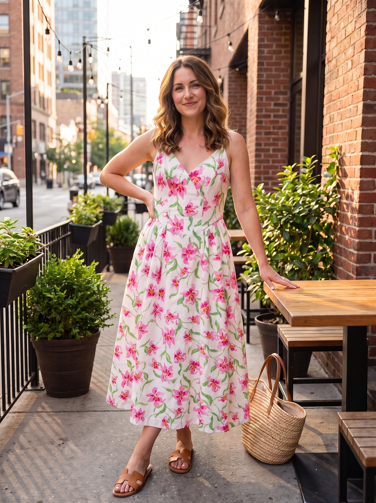 Women’s Pink Floral Print Smocked Midi Dress – V-Neck Spaghetti Strap Summer Sundress