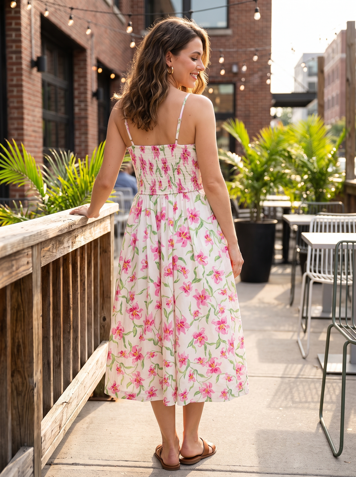 Women’s Pink Floral Print Smocked Midi Dress – V-Neck Spaghetti Strap Summer Sundress