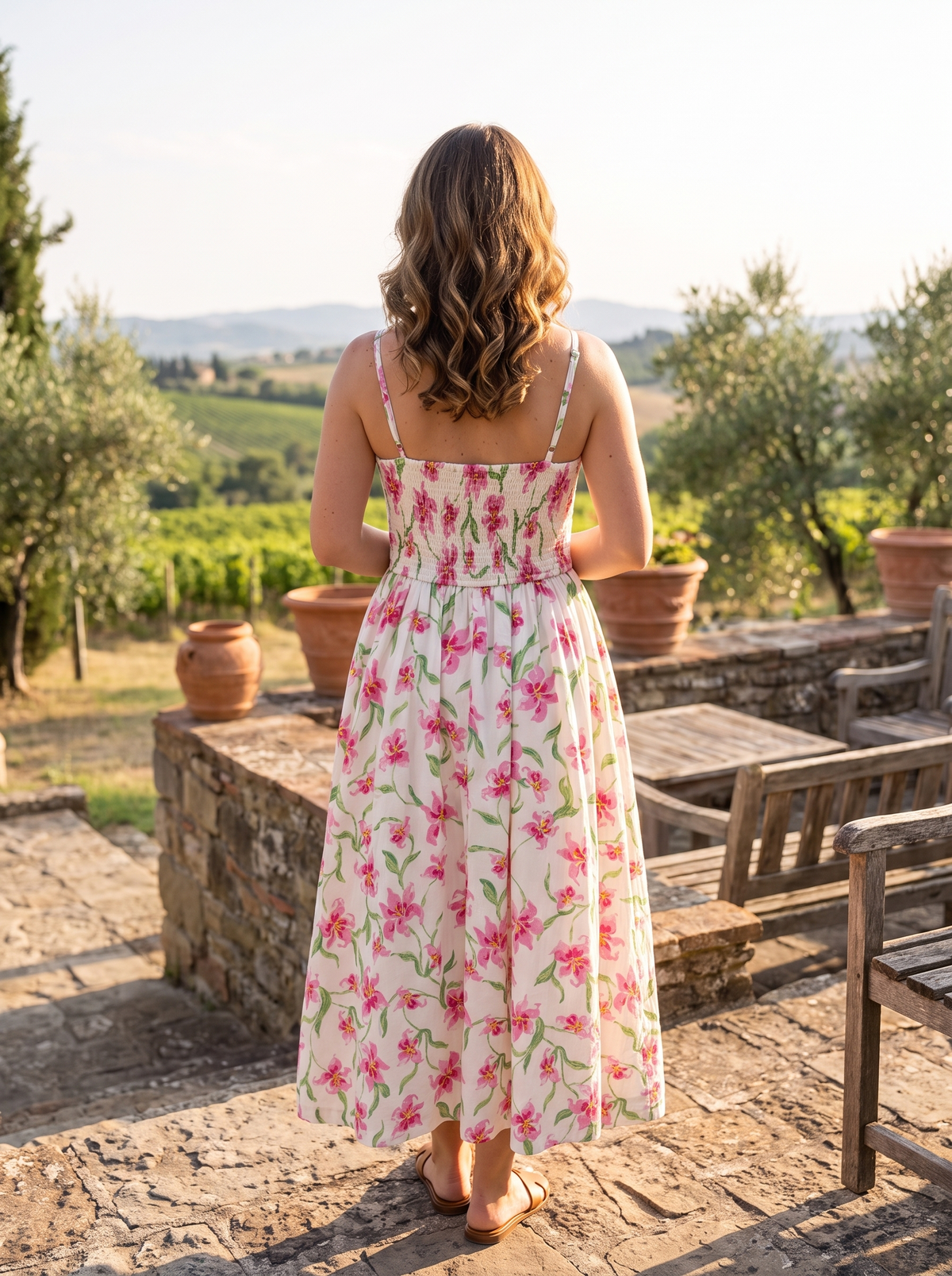 Women’s Pink Floral Print Smocked Midi Dress – V-Neck Spaghetti Strap Summer Sundress