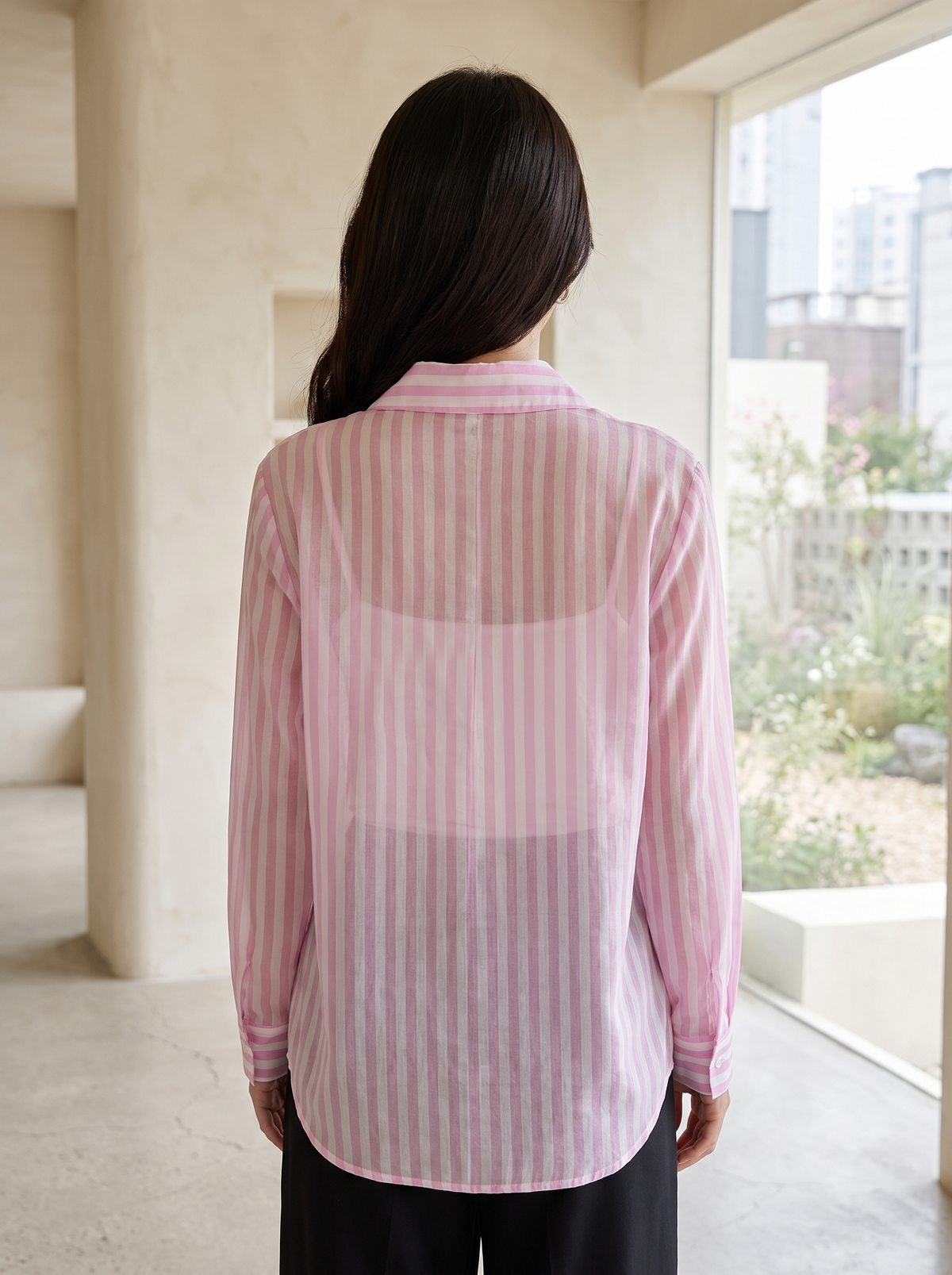 Women’s Pink & White Sheer Striped Long-Sleeve Shirt – Lightweight Button-Down Chic Blouse