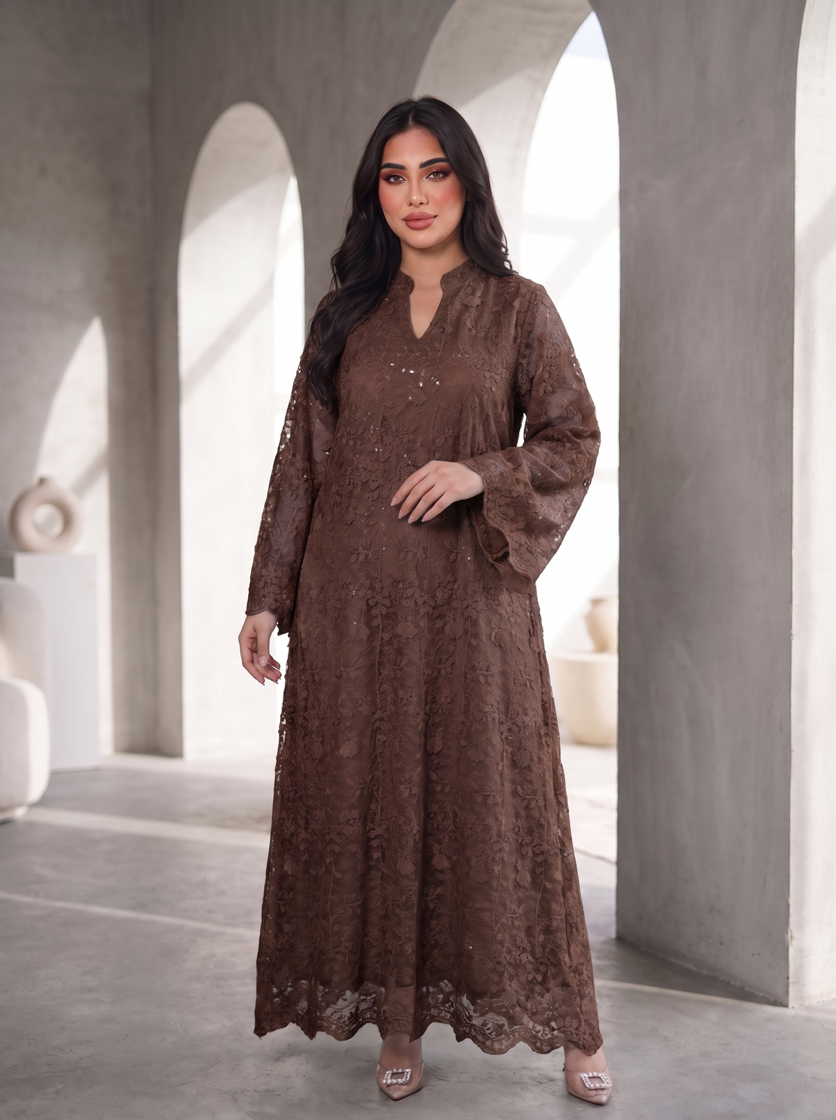 Women’s Coffee Lace Overlay & Sequin Maxi Kaftan Dress – Elegant Long-Sleeve Festive Abaya