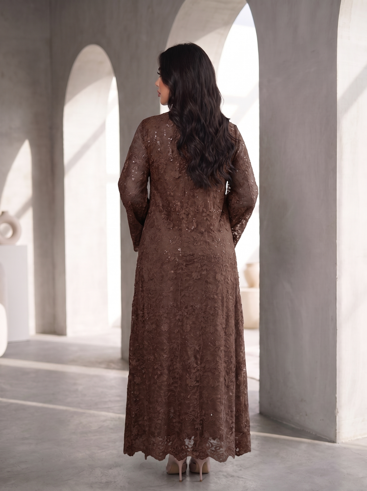 Women’s Coffee Lace Overlay & Sequin Maxi Kaftan Dress – Elegant Long-Sleeve Festive Abaya