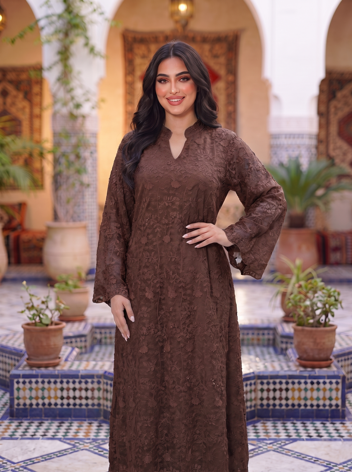Women’s Coffee Lace Overlay & Sequin Maxi Kaftan Dress – Elegant Long-Sleeve Festive Abaya