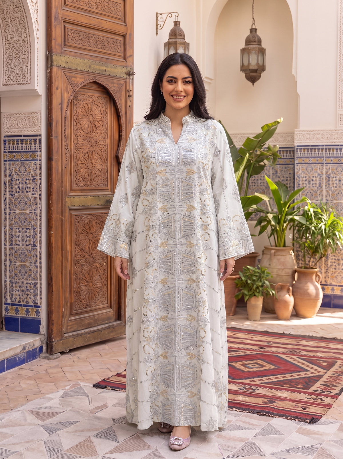 Women’s White Lilac Geometric Embroidered & Sequin Maxi Kaftan Dress – Elegant Long-Sleeve Festive Abaya