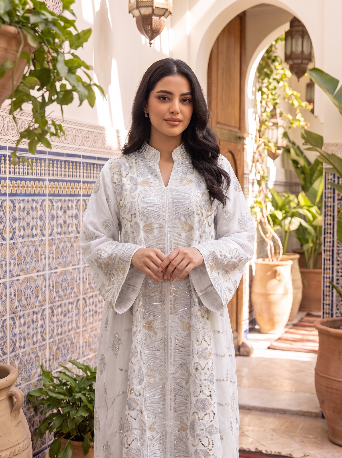 Women’s White Lilac Geometric Embroidered & Sequin Maxi Kaftan Dress – Elegant Long-Sleeve Festive Abaya