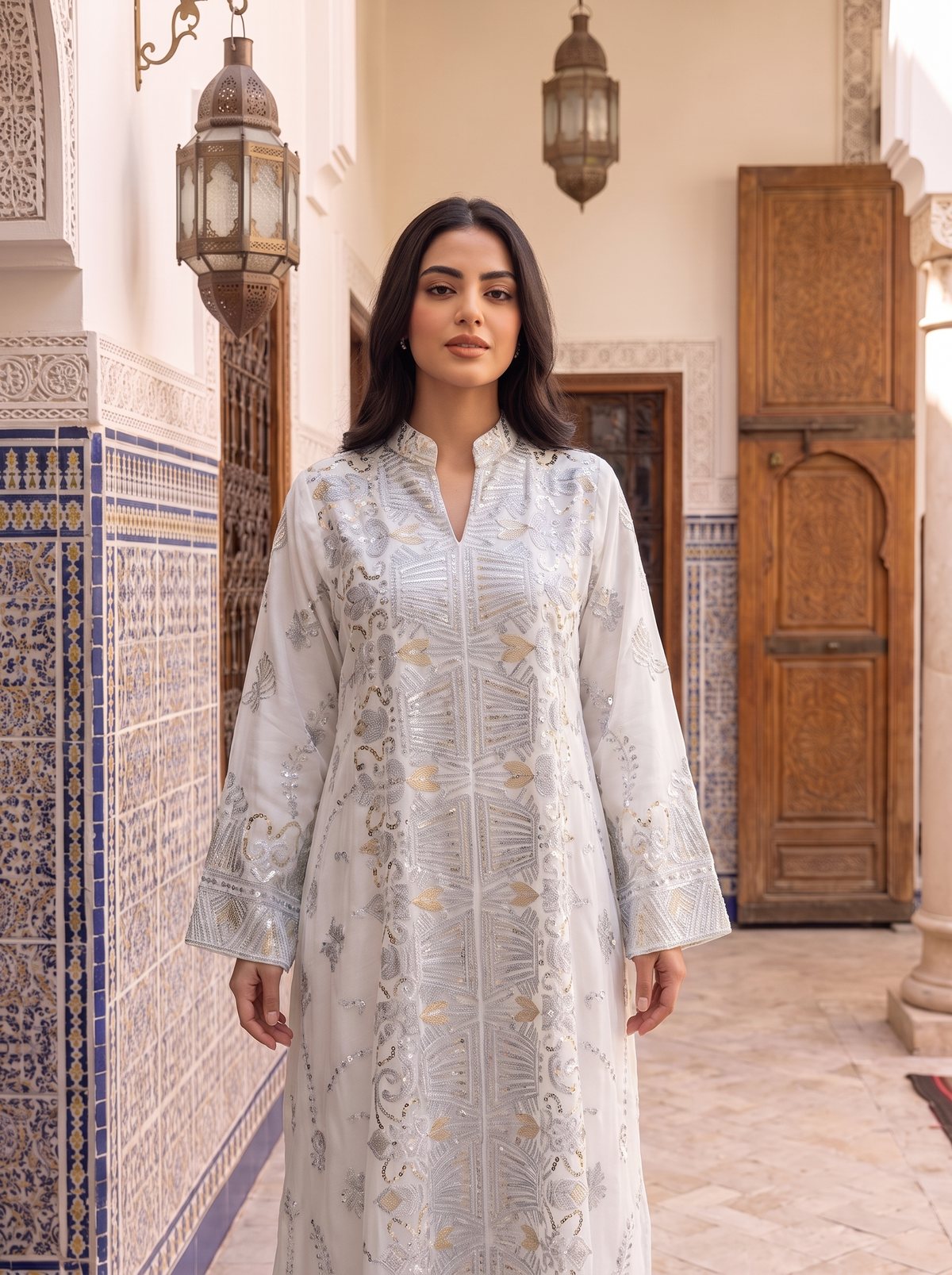 Women’s White Lilac Geometric Embroidered & Sequin Maxi Kaftan Dress – Elegant Long-Sleeve Festive Abaya