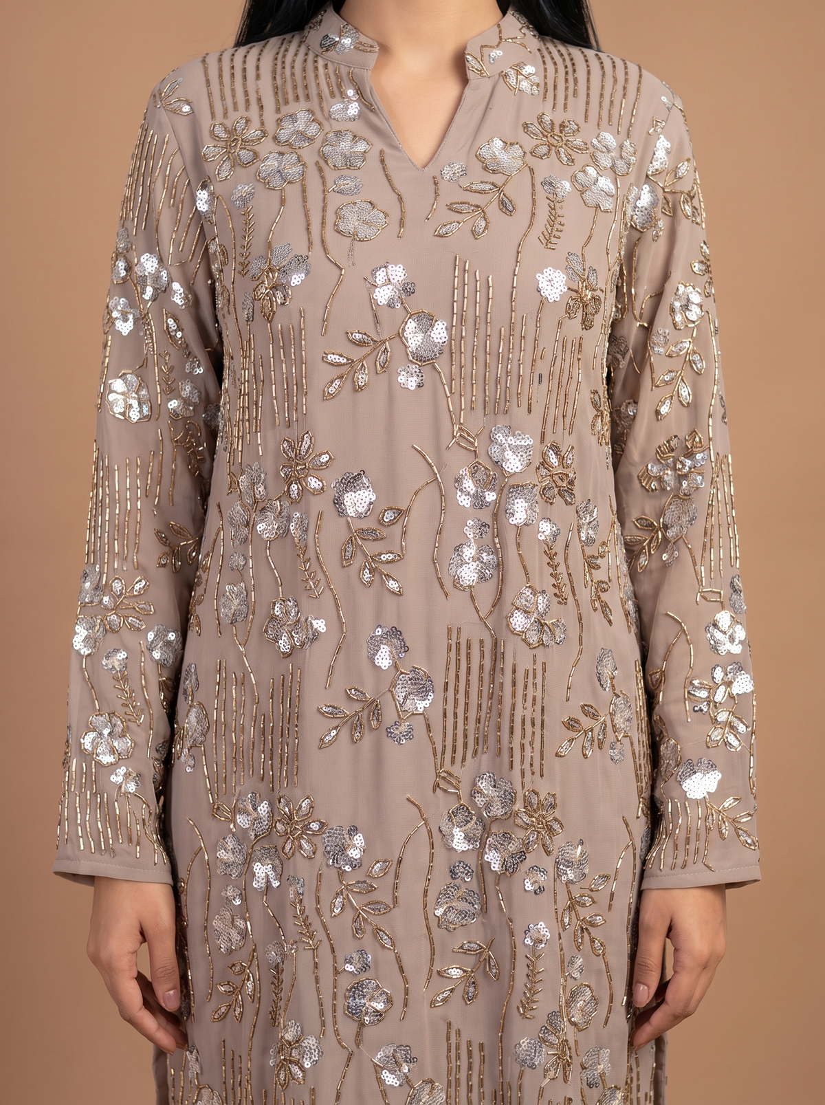 Women’s Gray-Sequin Floral Embroidered Maxi Kaftan Dress – Elegant Long-Sleeve Festive Abaya