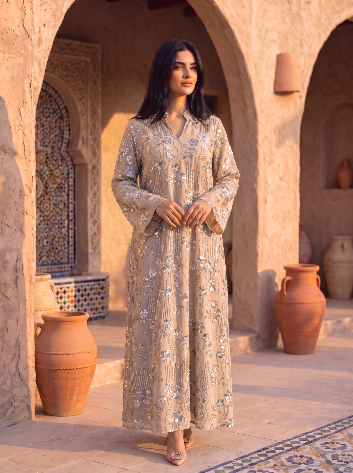 Women’s Gray-Sequin Floral Embroidered Maxi Kaftan Dress – Elegant Long-Sleeve Festive Abaya