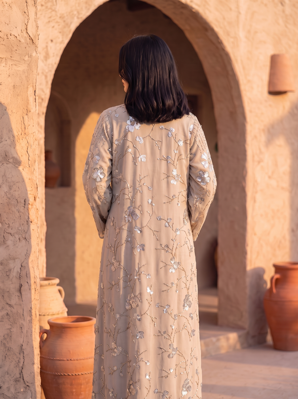 Women’s Gray-Sequin Floral Embroidered Maxi Kaftan Dress – Elegant Long-Sleeve Festive Abaya