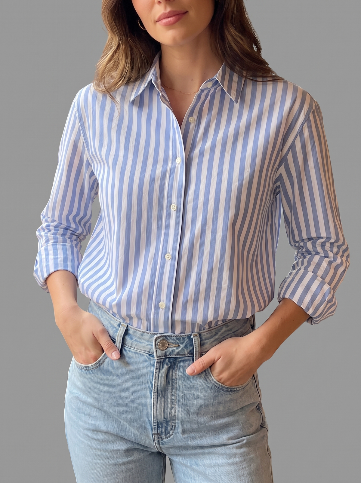 Women’s Blue & White Striped Long-Sleeve Shirt – Classic Button-Down Formal & Casual Shirt