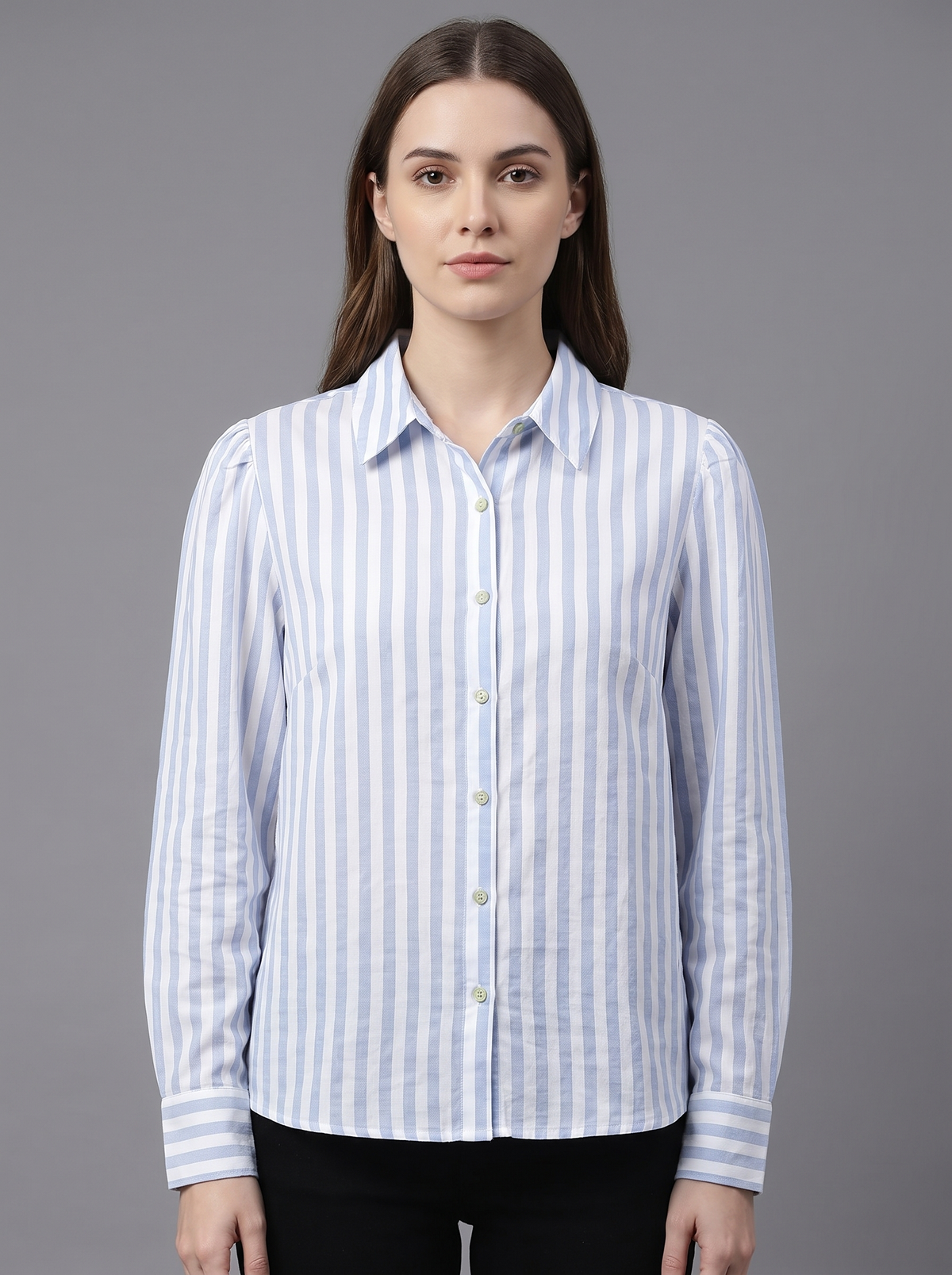 Women’s Blue & White Striped Long-Sleeve Shirt – Classic Button-Down Formal & Casual Shirt