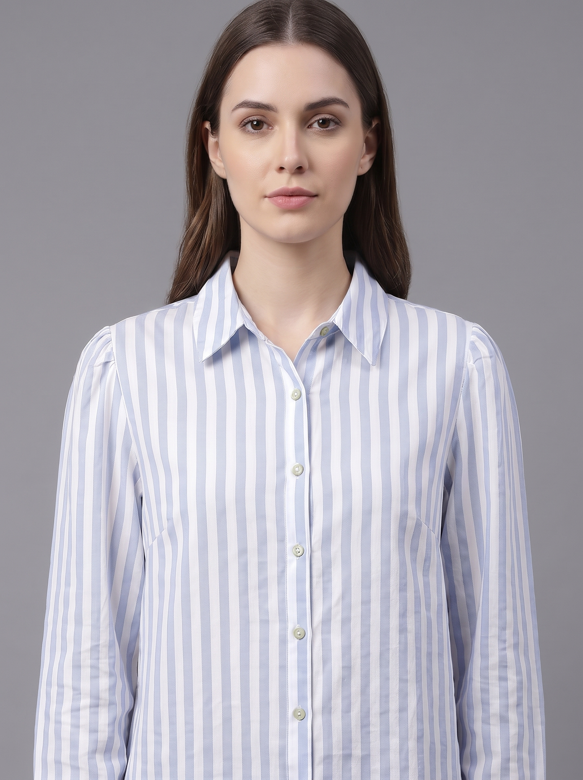 Women’s Blue & White Striped Long-Sleeve Shirt – Classic Button-Down Formal & Casual Shirt