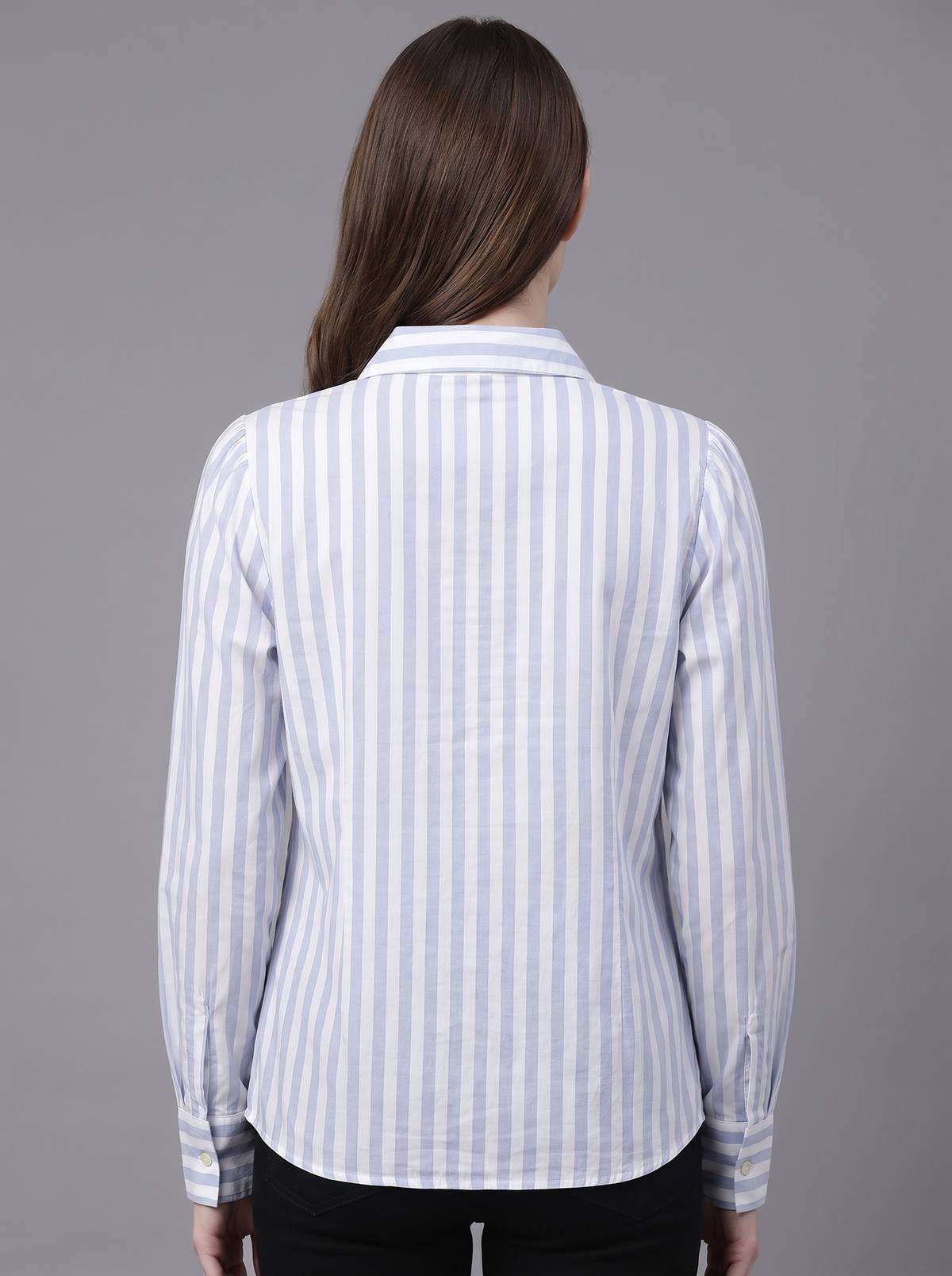 Women’s Blue & White Striped Long-Sleeve Shirt – Classic Button-Down Formal & Casual Shirt