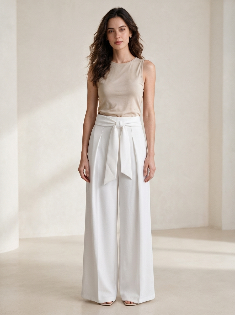 Women's High-Waisted Tie-Belt Wide-Leg Trousers - Pleated Fluid Tailored Pants
