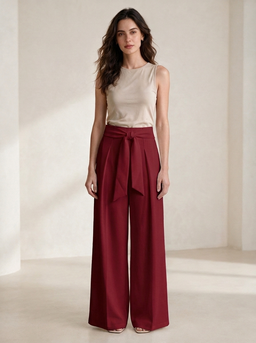 Women's High-Waisted Tie-Belt Wide-Leg Trousers - Pleated Fluid Tailored Pants