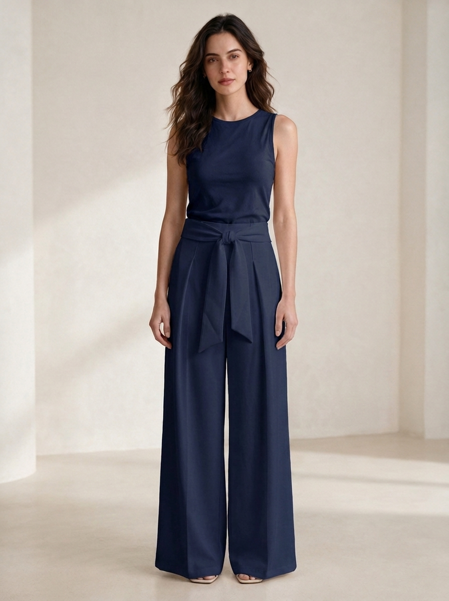 Women's High-Waisted Tie-Belt Wide-Leg Trousers - Pleated Fluid Tailored Pants