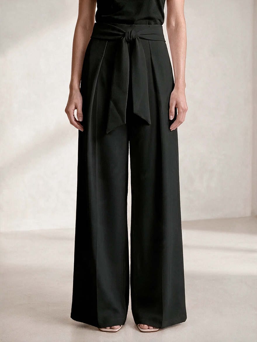 Women's High-Waisted Tie-Belt Wide-Leg Trousers - Pleated Fluid Tailored Pants
