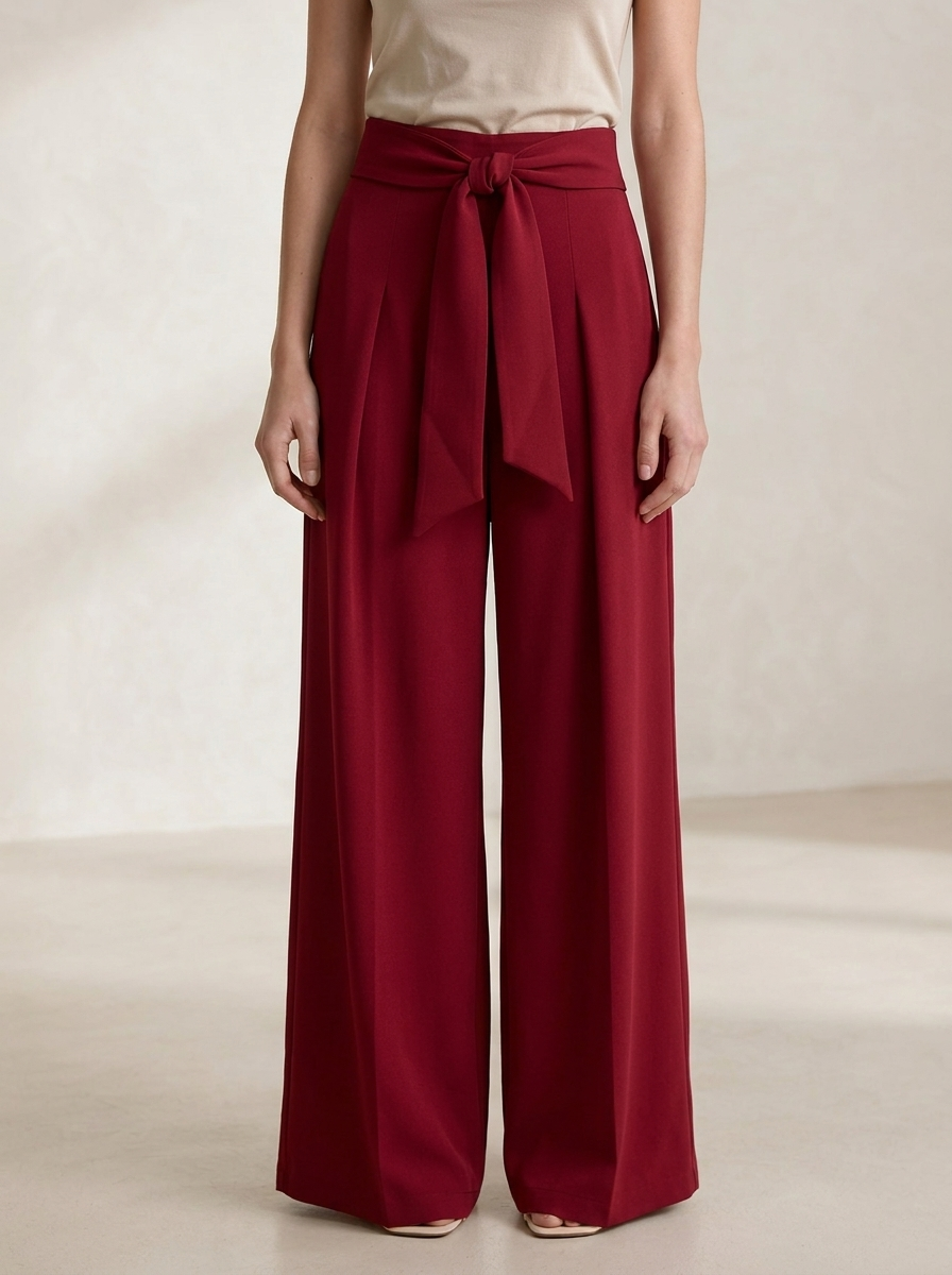 Women's High-Waisted Tie-Belt Wide-Leg Trousers - Pleated Fluid Tailored Pants