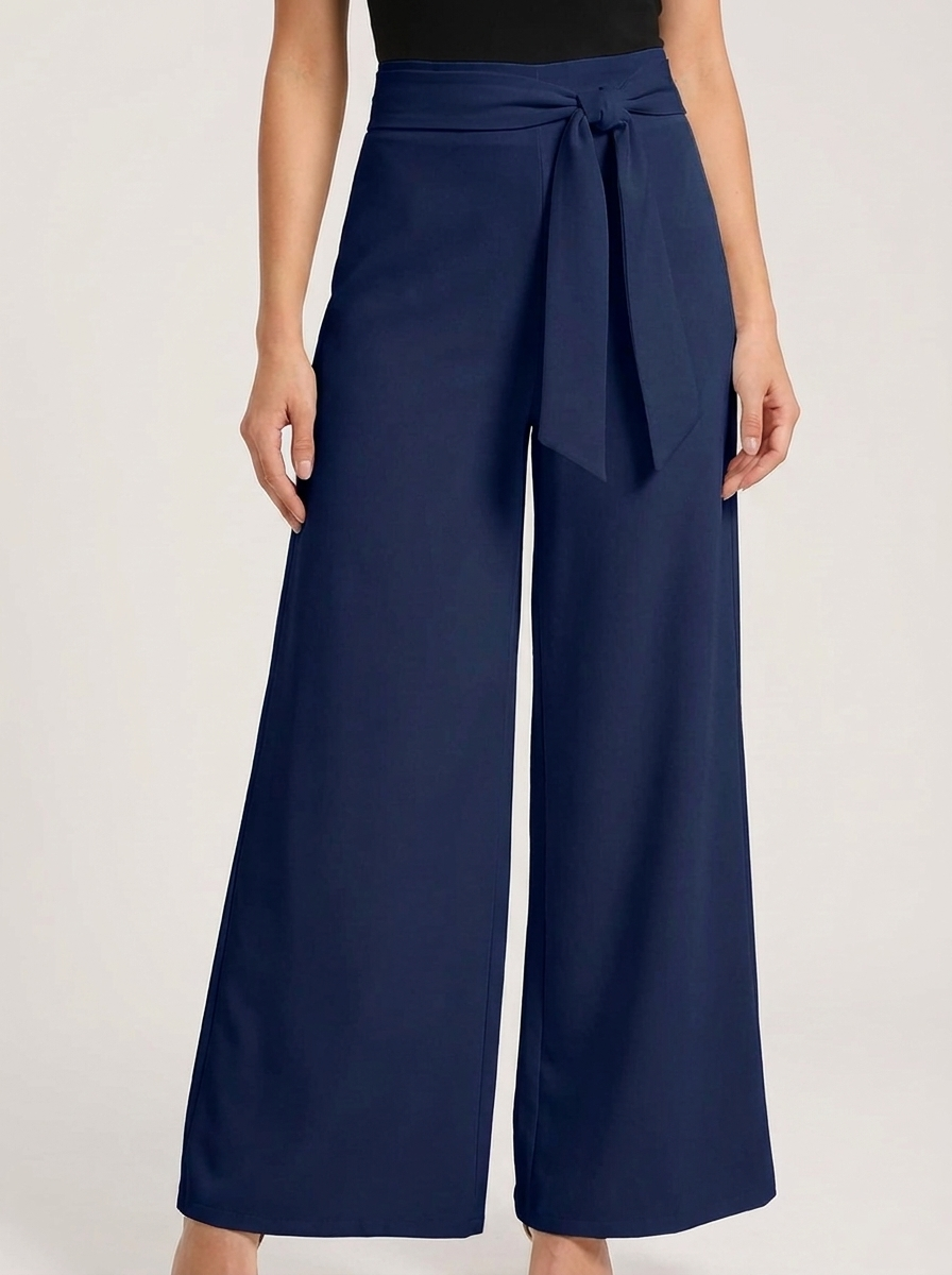 Women's High-Waisted Tie-Belt Wide-Leg Trousers - Pleated Fluid Tailored Pants
