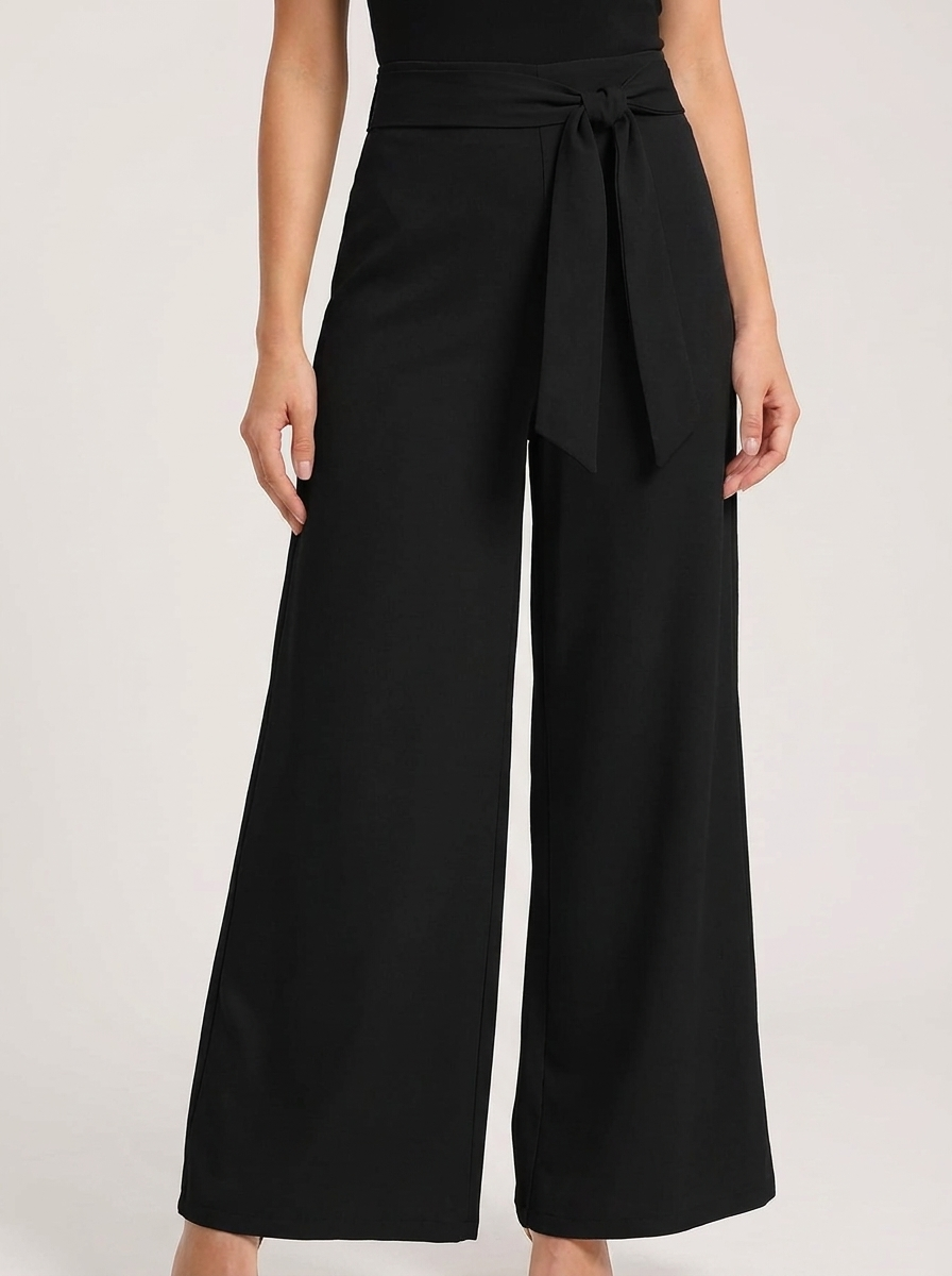 Women's High-Waisted Tie-Belt Wide-Leg Trousers - Pleated Fluid Tailored Pants