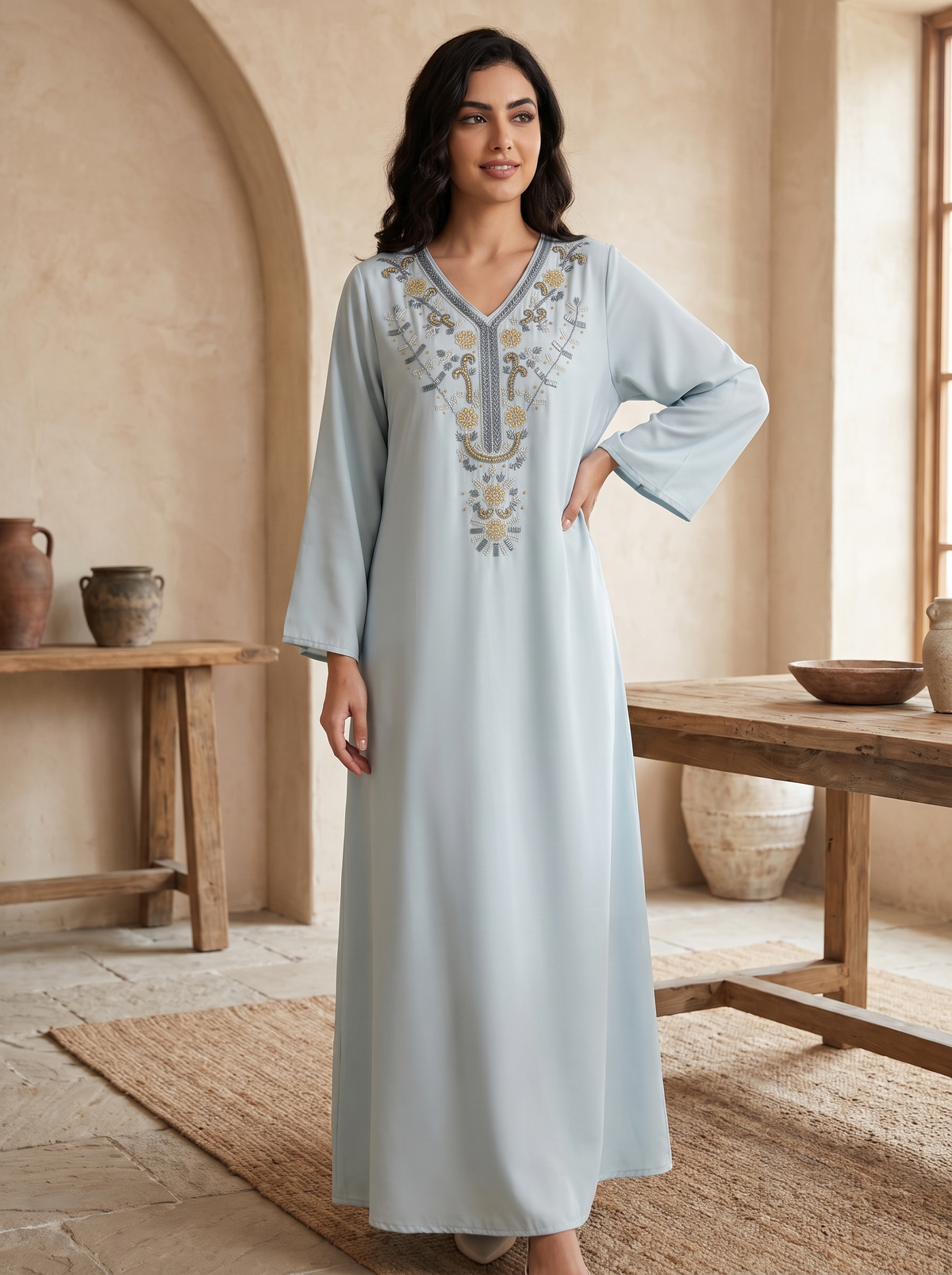 Women’s Light blue Embroidered V-Neck Maxi Kaftan Dress – Elegant Long-Sleeve Festive Abaya