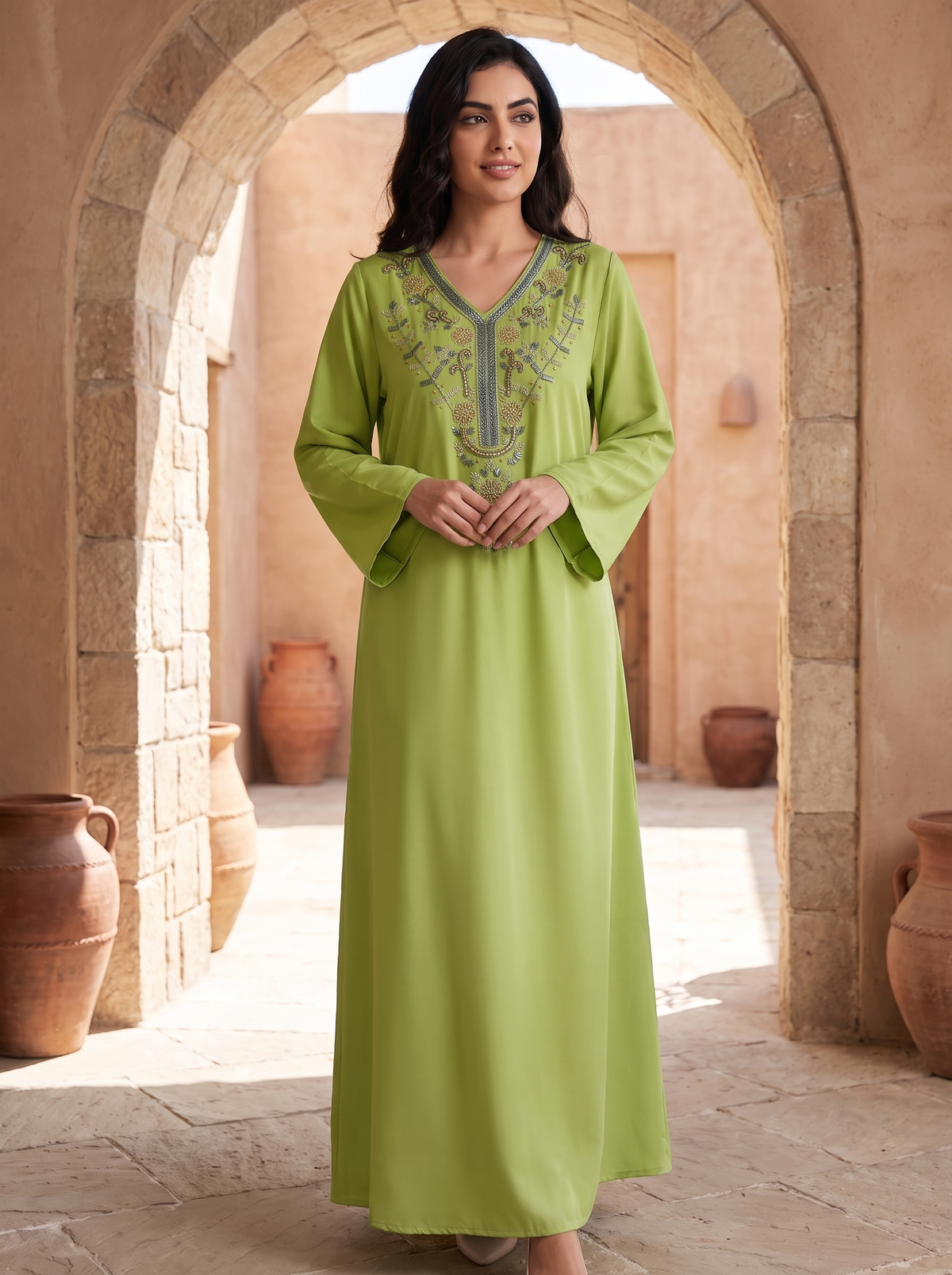 Women’s Olive Green Embroidered V-Neck Maxi Kaftan Dress – Elegant Long-Sleeve Festive Abaya