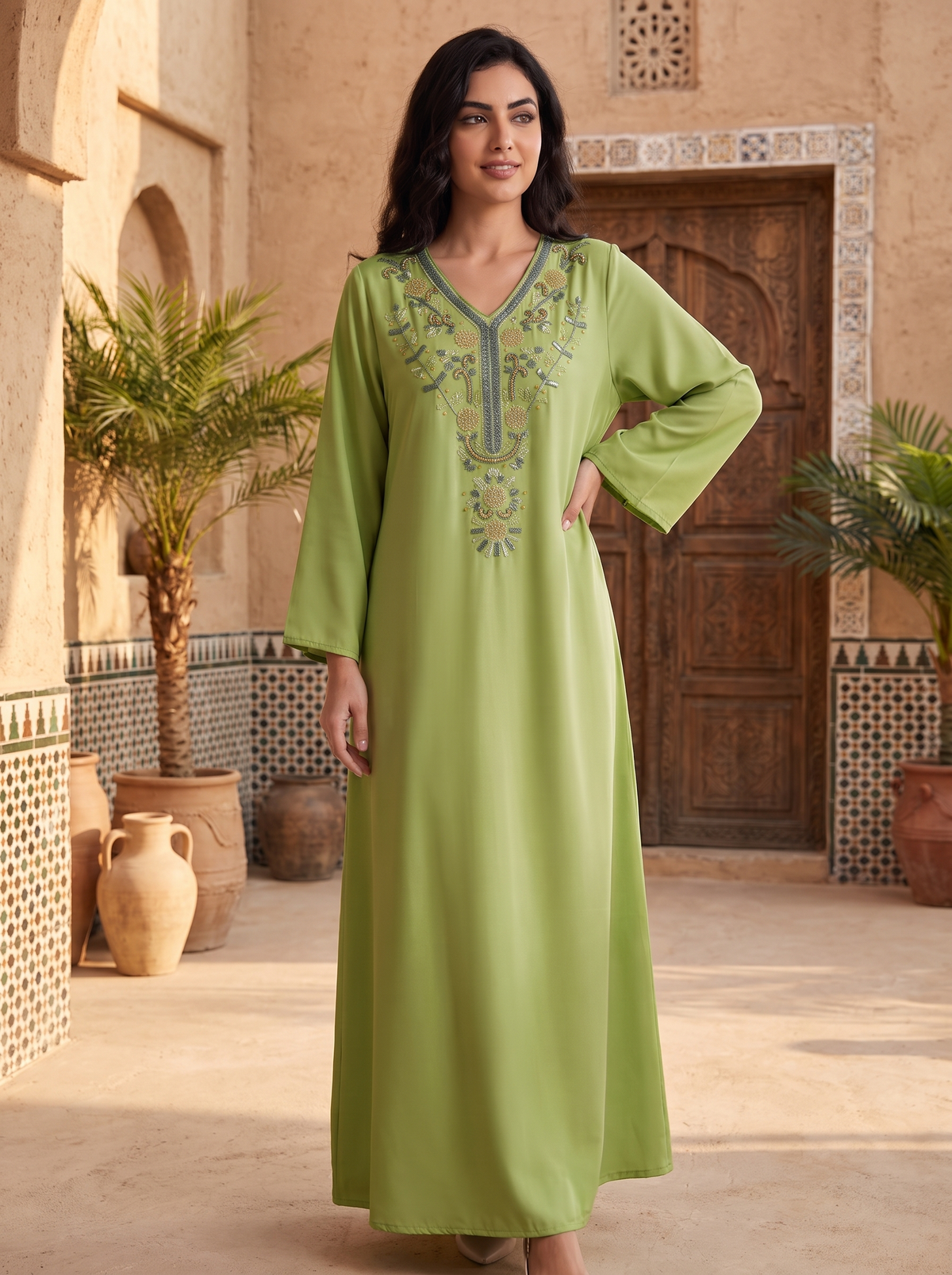 Women’s Olive Green Embroidered V-Neck Maxi Kaftan Dress – Elegant Long-Sleeve Festive Abaya