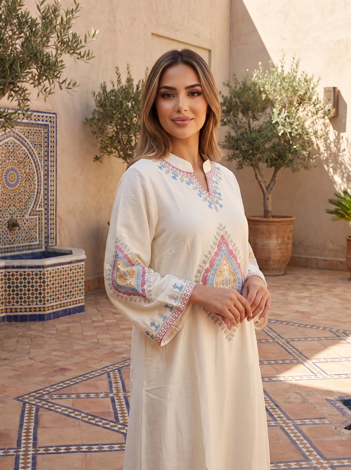 Women’s Cream Geometric Embroidered Maxi Kaftan Dress – Elegant Long-Sleeve Festive Abaya