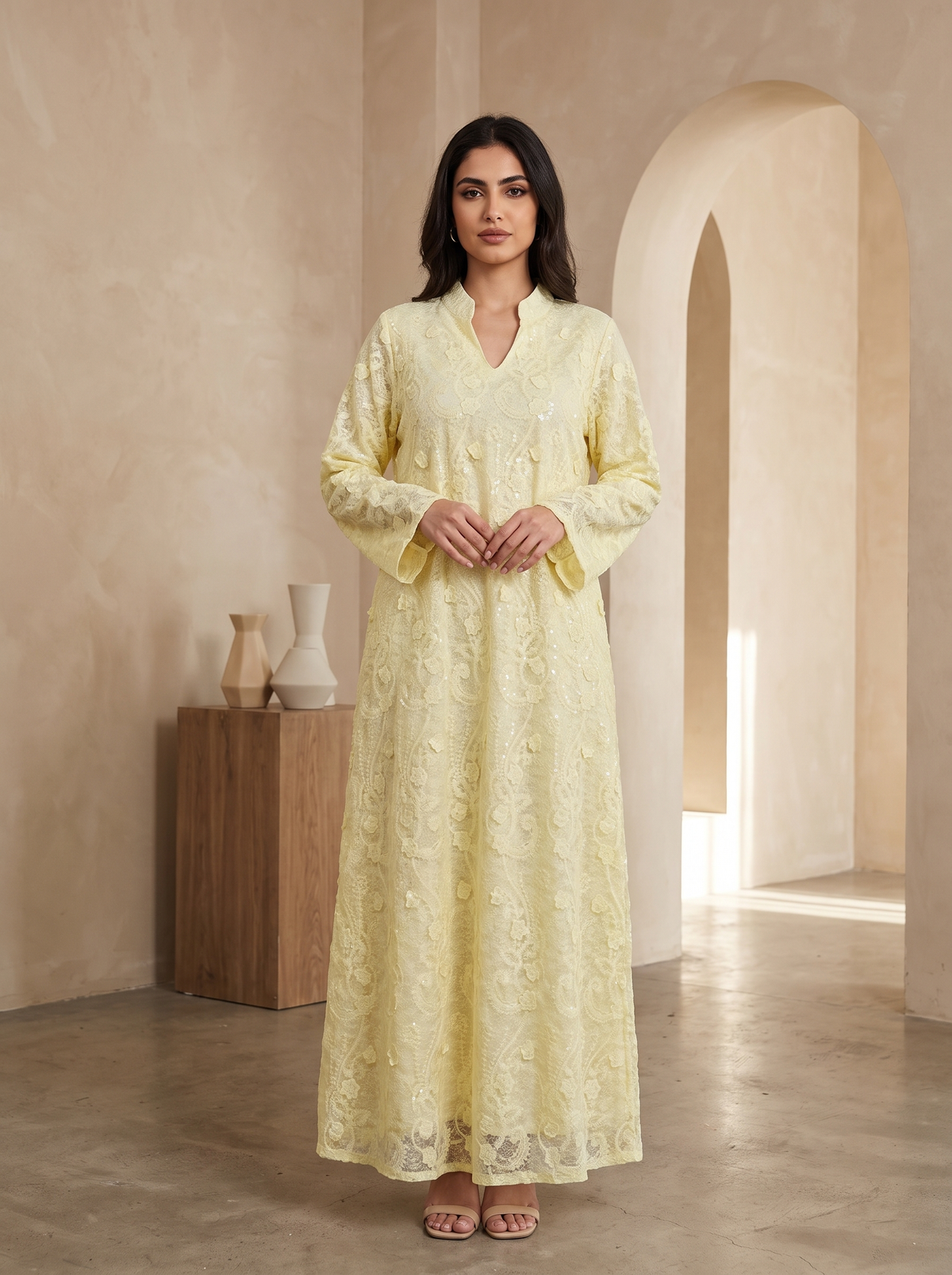 Women’s Yellow Floral Threadwork & Lace Maxi Kaftan Dress – Elegant Long-Sleeve Festive Abaya
