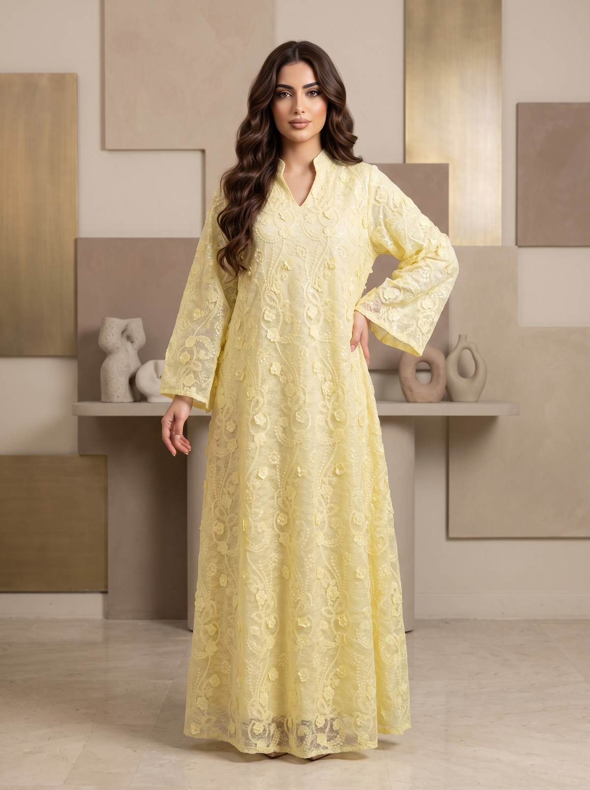 Women’s Yellow Floral Threadwork & Lace Maxi Kaftan Dress – Elegant Long-Sleeve Festive Abaya