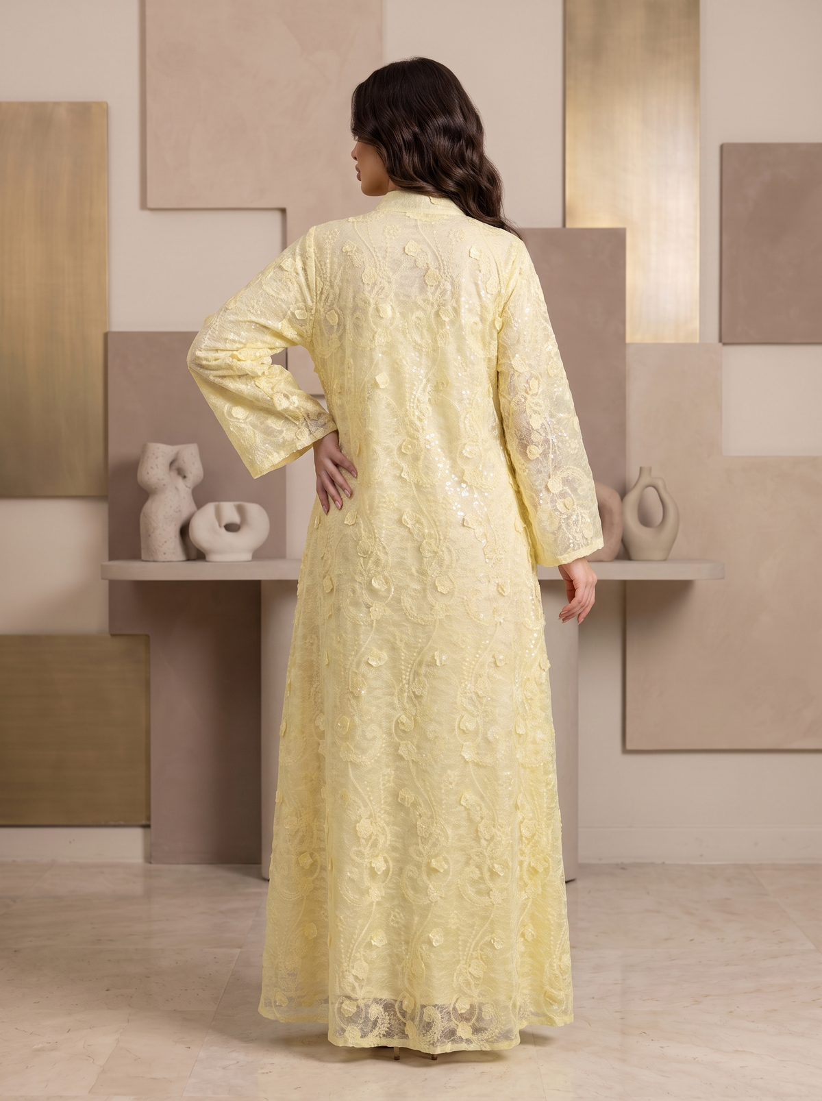 Women’s Yellow Floral Threadwork & Lace Maxi Kaftan Dress – Elegant Long-Sleeve Festive Abaya